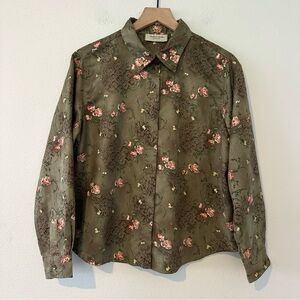 Vintage Lemon Grass Faux Suede Floral Button Up Sz PL Olive Green Grandma Indie